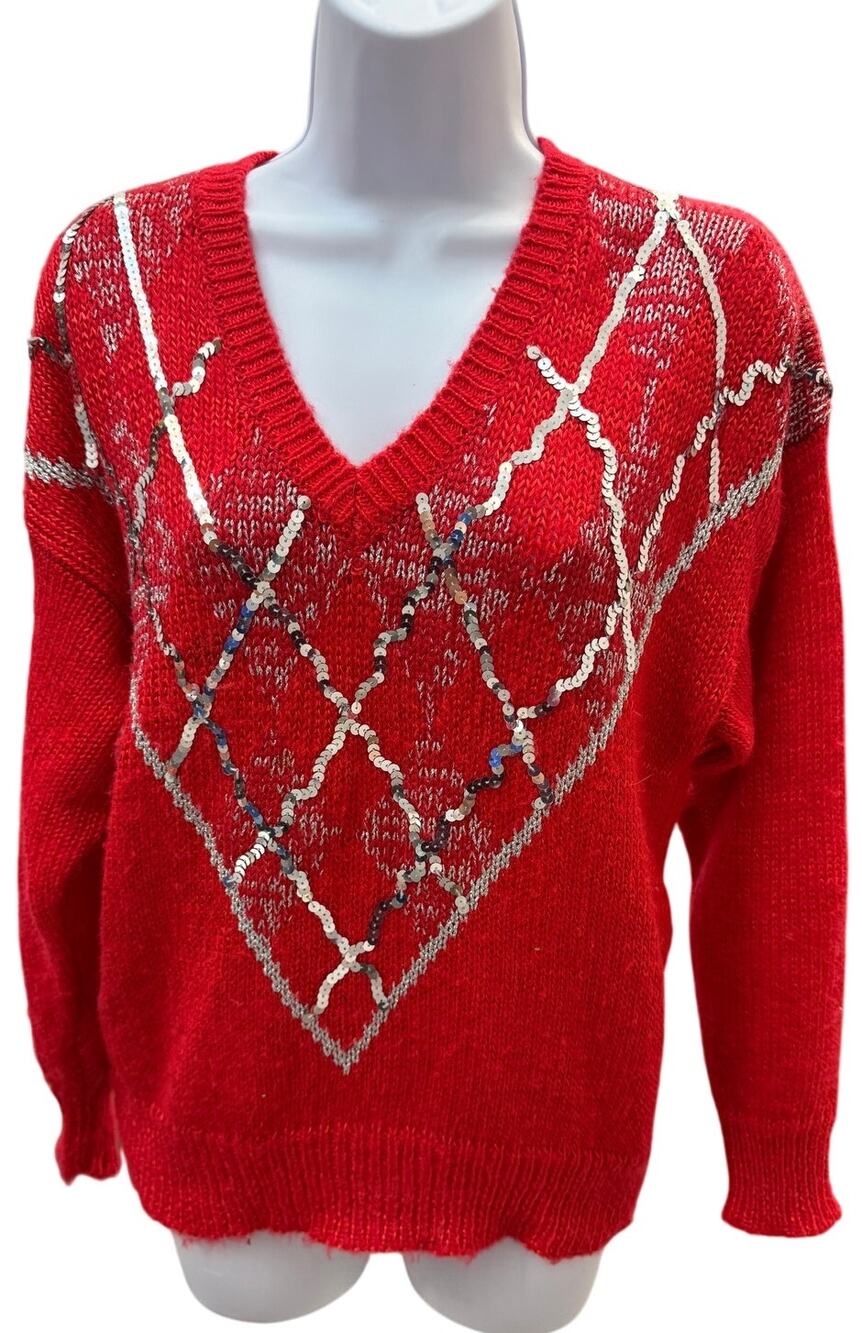 ✨ Andene L Vintage Red V-Neck Metallic Argyle Knit Sweater 80s 90s Retro Top